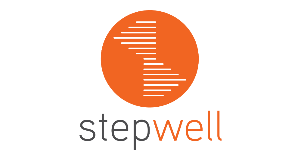 the stepwell logo representing a spiral staircase, inside an orange circle captioned "Stepwell"